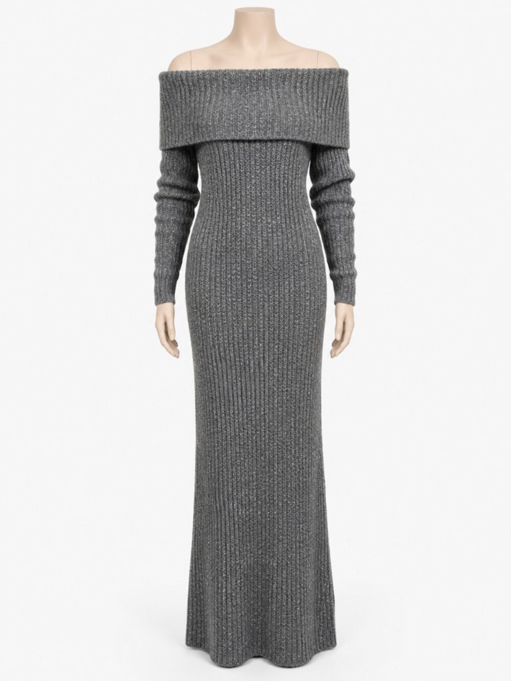RUMORED Fireside Maxi Dress M Gray Off Shoulder Ribbed Knit Wool Blend NWT